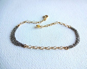 Handmade Citrine Mixed Metals Dark Oxidized 925 Sterling Silver and 14k Gold Fill Chain Bracelet or Anklet- Unique Gold and Silver Jewelry
