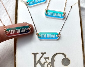 Delicate Iridescent LIVE IN LOVE Necklace; Unique Inspirational Jewelry; Minimalist Layring Necklace; Motivational Charm; Opalescent Charm