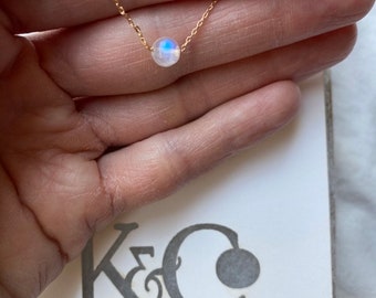 Micro Floating Moonstone Pendant Charm Necklace and 14k Rose Gold Fill Chain; Floating Stone Necklace; Modern Unique Deconstructed Jewelry