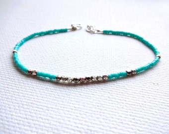Handmade 925 Sterling Silver and Turquoise Anklet or Bracelet - Minimalist Delicate Modern Jewelry Turquoise and Silver Bracelet