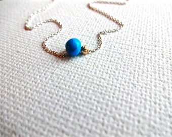 Arizona Turquoise Floating & 14k Gold Bead 925 Sterling Silver Chain Necklace; January Birthstone Turquoise Mixed Metals Minimalist Necklace