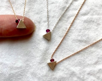 Delicate Garnet & 925 Sterling Silver STEM Necklace; Unique January Birthstone Idea; Micro Sterling Silver Triangle; Gift for Mathematician