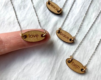 Motivational Engraved Charm Necklace; Handmade Mixed Metals Minimalist Necklace; Love Peace Charm; Oxidized Sterling Silver Gold Wood Charm