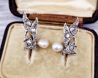 Antique Victorian 18ct Gold Rose Cut Diamond and Pearl Angel Wing Statement Stud Earrings