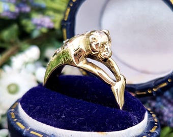 Vintage 9ct Yellow Gold Crystal Spotted Leopard Print Statement Ring / Size O or 7.5