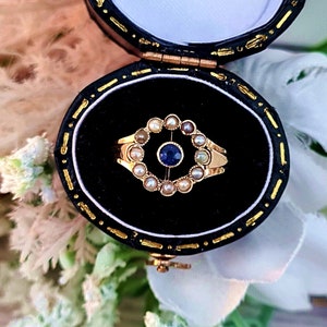 Antique Art Deco 15ct Gold Sapphire and Pearl Target Cluster Ring / Size L 1/2 or 6.25