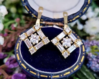 Vintage 9ct Yellow Gold Art Deco Style Sparkling Crystal Statement Stud Earrings