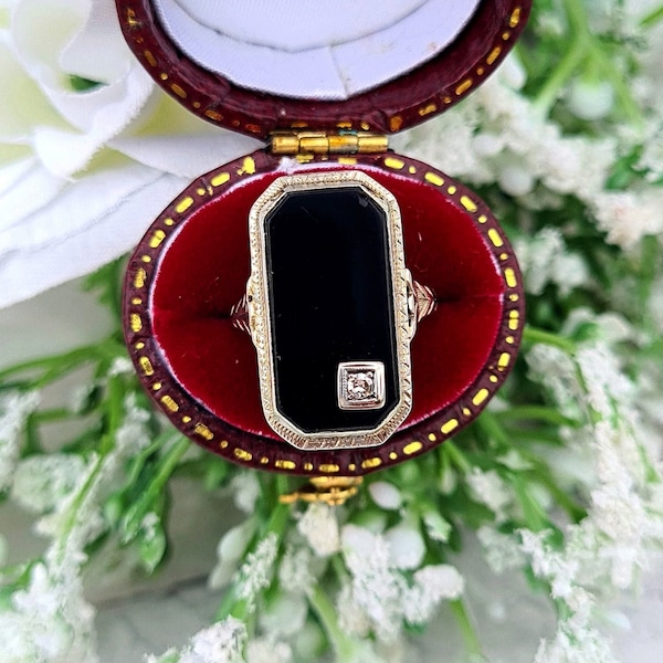 Antique Art Deco 9ct White Gold Diamond and Black Onyx Statement Panel Ring / Size J or 5