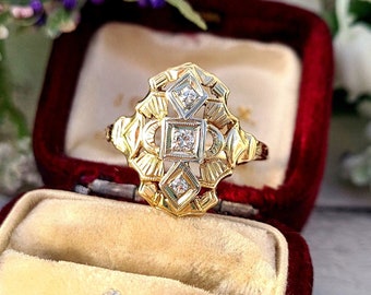 Vintage Art Deco 14ct Yellow Gold Ornate Diamond Shield Engagement Ring / Size N or 7