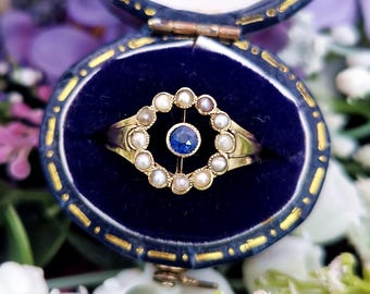 Antique Art Deco 15ct Gold Sapphire and Pearl Target Cluster Ring / Size L 1/2 or 6.25