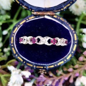 Vintage 1978 9ct Gold Ruby and Diamond Ornate Half Eternity Band Ring / Size R or 9