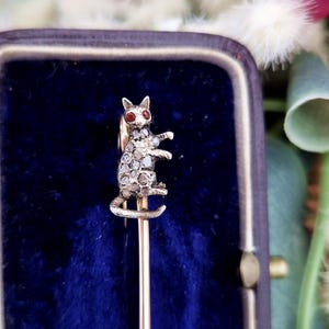 Puede incluir: Un broche vintage de oro con una figura de gato incrustada de diamantes. El gato tiene ojos rojos y se encuentra sobre un fondo de terciopelo azul.