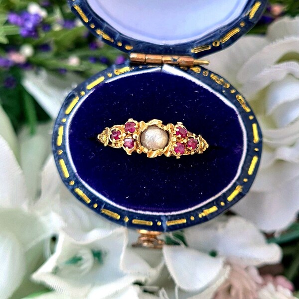 Antique Victorian 15ct Yellow Gold Pearl and Ruby Ornate Floral Cluster Ring / Size N 1/2 or 7.25