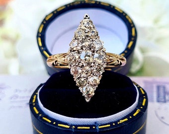 Antique Victorian 18ct Yellow Gold 1.51cts Old Mine Cut Diamond Navette Cluster Ring / Size Q or 8.5