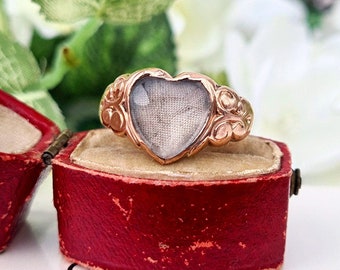 Antique 1909 Edwardian 9ct Rose Gold Rock Crystal Heart Locket Signet Ring / Size S or 9.5