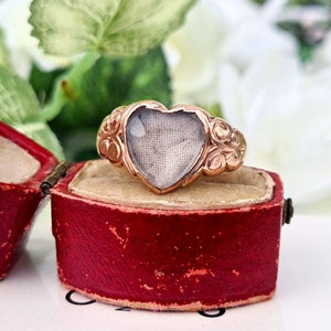 Antique 1909 Edwardian 9ct Rose Gold Rock Crystal Heart Locket Signet Ring / Size S or 9.5