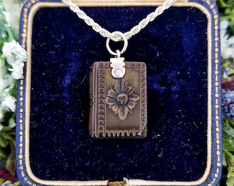 Antique Sterling Silver Black Whitby Jet Miniature Book Pendant Necklace
