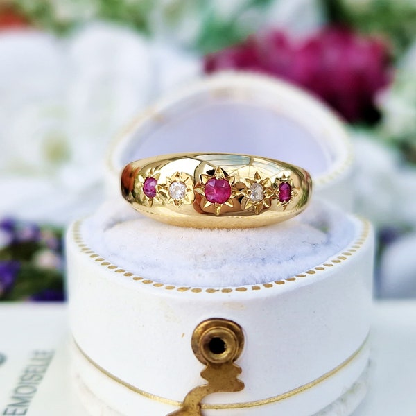 Antique Edwardian 9ct Yellow Gold Pink Ruby and Diamond Starry Band Ring / Size L or 6