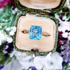 Antique Art Deco 9ct Rose Gold 3.3ct Ocean Blue Aquamarine Solitaire Ring / Size P or 8