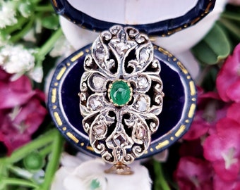 Antique Art Nouveau 18ct Gold Emerald and Rose Cut Diamond Statement Cluster Ring / Size N 1/2 or 7.25