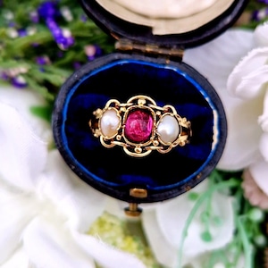 Antique Victorian 15ct Yellow Gold Pearl & Raspberry Pink Glass Cabochon Trilogy Ring / Size N 1/2 or 7.25