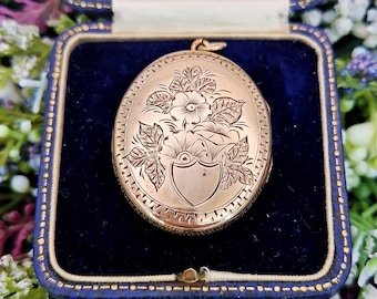 Antique Victorian Gold Tone Large Ornate Engraved Floral Oval Locket Pendant