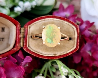 Vintage 9ct Yellow Gold Vibrant Faceted Opal Solitaire Ring / Size Q or 8.5