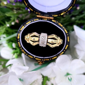 Vintage 1940's 14ct Yellow Gold Amazing Structured Diamond Tank Ring / Size R 1/2 or 9.25