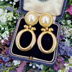 Vintage Retro Gold Plated Large Statement Pearl Drop Hoop Clip On Earrings