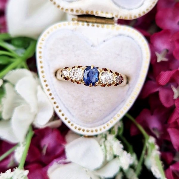 Antique 1887 Victorian 18ct Gold Classic Sapphire and Old Cut Diamond 5 Stone Band Ring / Size N or 7