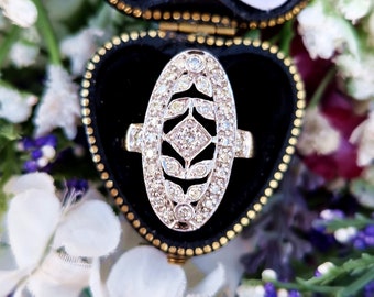 Vintage 9ct Gold Art Deco Ornate Decorative Diamond Navette Cluster Ring / Size J or 5