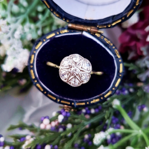 Antique Art Deco 18ct Gold and Platinum Diamond Daisy Cluster Engagement Ring 0.50ct / Size Q 1/2 or 8.75