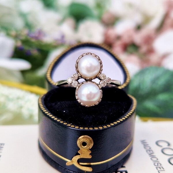 Vintage 9ct White Gold Double Pearl and Diamond Toi et Moi Ring / Size N or 7