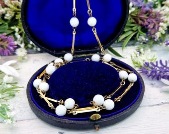 Vintage Gold Tone Bar Necklace with Milk White Round Glass Beads Long 30"