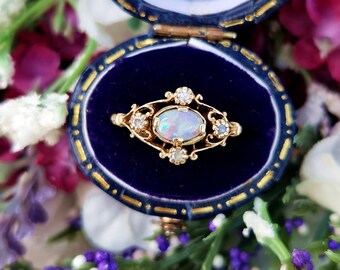 Vintage 1984 9ct Yellow Gold Ornate Art Nouveau Style Opal and Diamond Cluster Ring / Size M or 6.5