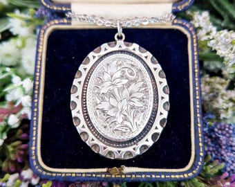Antique Victorian Sterling Silver Large Aesthetic Engraved Flower Pendant Necklace