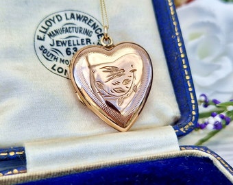 Vintage Art Deco 9ct Rose Gold Engraved Bird Love Heart Locket Pendant Necklace