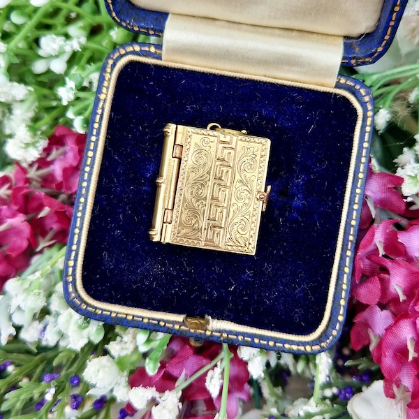 Antique Victorian Gold Tone Engraved Ornate Unique Book Shaped Family Locket Pendant