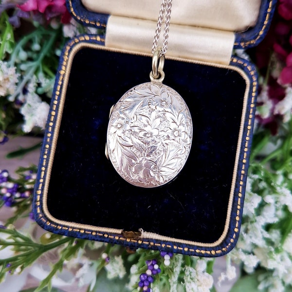 Antique Victorian Sterling Silver Ornate Aesthetic Engraved Floral Locket Pendant