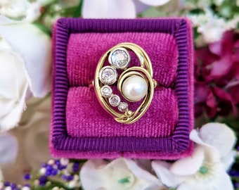 Antique Art Nouveau 14ct Gold & Platinum Ornate 0.42ct Diamond and Pearl Ring / Size J 1/2 or 5.25