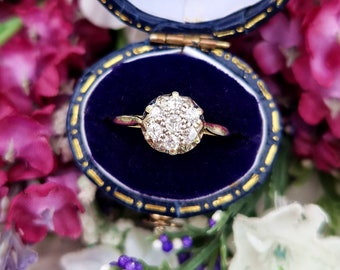Antique Edwardian 18ct Gold and Platinum Natural Diamond Cluster Engagement Ring 0.30cts / Size P 1/2 or 8.25