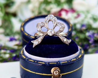 Antique Art Nouveau 18ct White Gold Old Cut Diamond Ribbon Bow Conversion Ring / Size I or 4.5