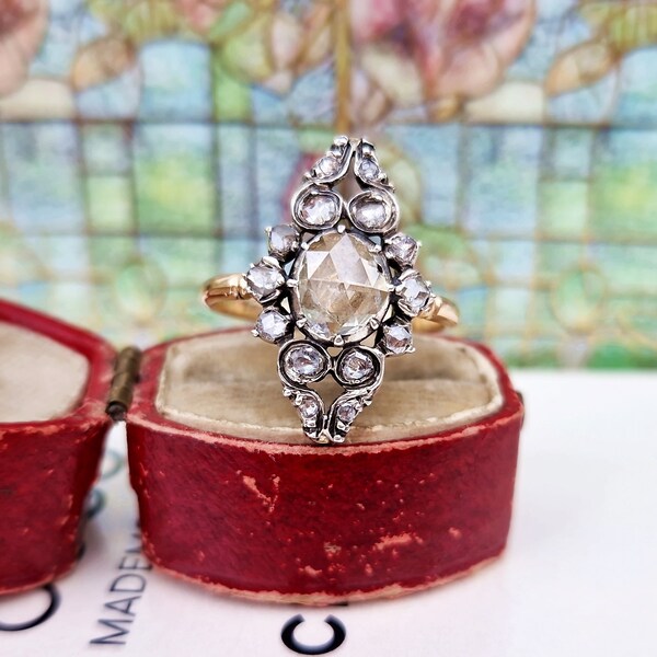 Antique Victorian 18ct Gold Ornate Rose Cut Diamond Navette Cluster Ring / Size P 1/2 or 8.25