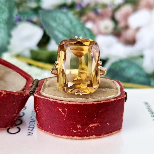 Vintage 9ct Yellow Gold Huge Golden Yellow Citrine Statement Solitaire Ring / Size N 1/2 or 7.25