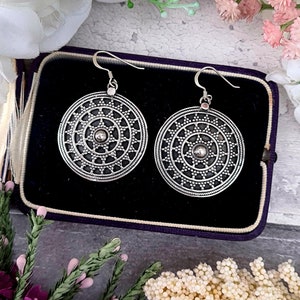 Vintage Sterling Silver Etruscan Style Large Statement Detailed Star Disc Hook Drop Earrings
