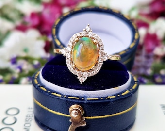 Vintage 9ct Yellow Gold Vibrant Opal and Zircon Ornate Cluster Ring / Size P 1.2 or 8.25