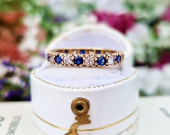 Vintage Art Deco Style 9ct Yellow Gold Sapphire Spinel Eternity Band Ring / Size L 1/2 or 6.25
