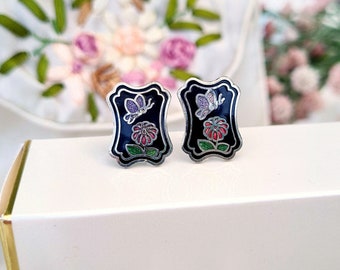 Vintage Silver Tone Black Enamel Butterfly Plaque Cloisonne Stud Earrings