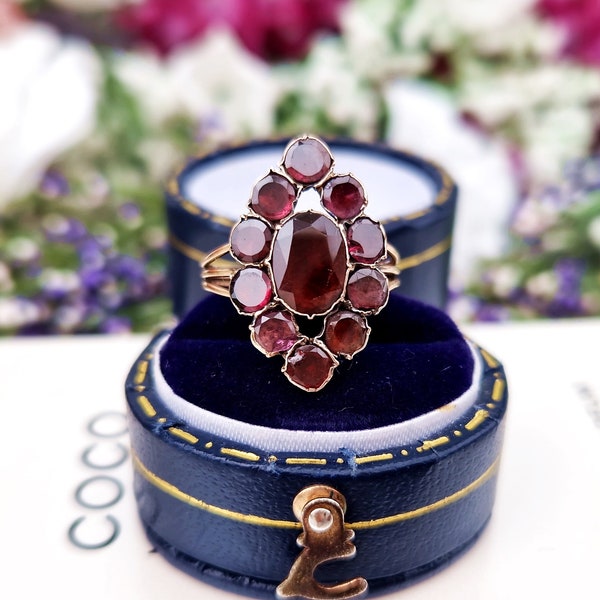 Antique Georgian 9ct Gold Foiled Flat Cut Garnet Navette Cluster Ring / Size J or 5