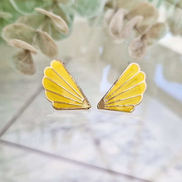 Vintage Canary Yellow and Gold Cloisonne Enamel Art Deco Style Fan Stud Earrings